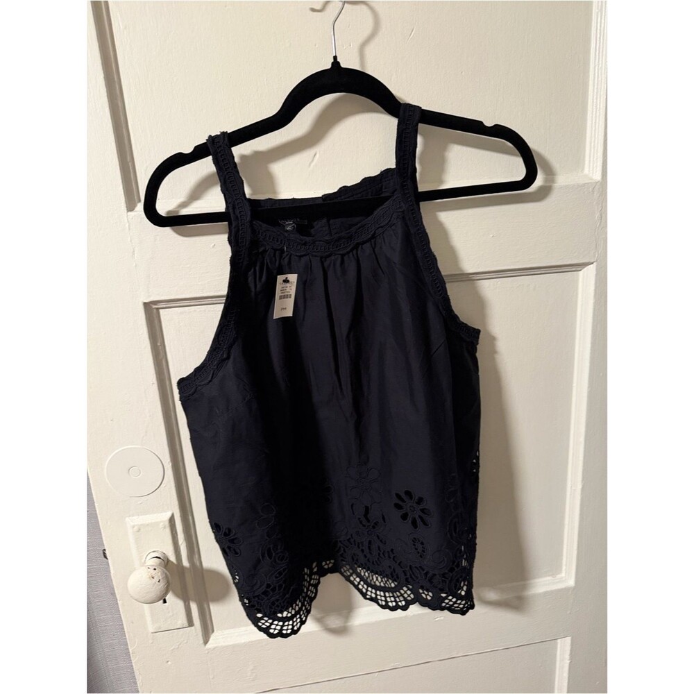 Talbots Black Eyelet Lace-Trim Camisole Tank Top Petite M 100% Cotton Romantic